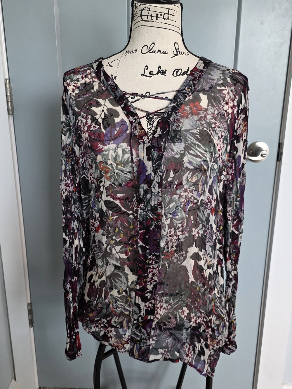 Lucky Brand XL Sheer Floral Lace Up Boho Peasant Blouse Dark Romantic EUC